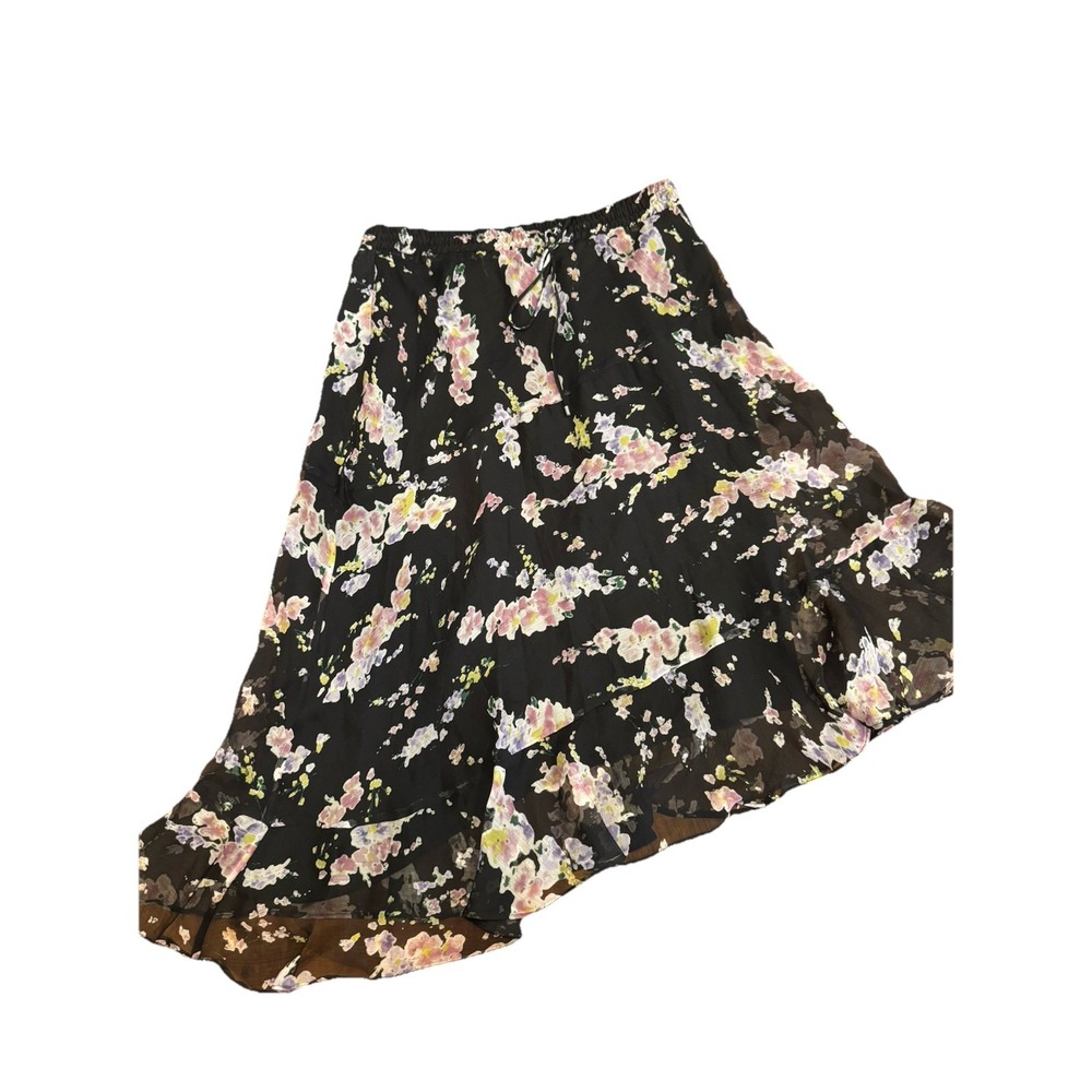 Ralph Lauren LRL Silk Skirt VTG Y2k Asymmetric Ruffle Floral Black‎ 4 Medium
